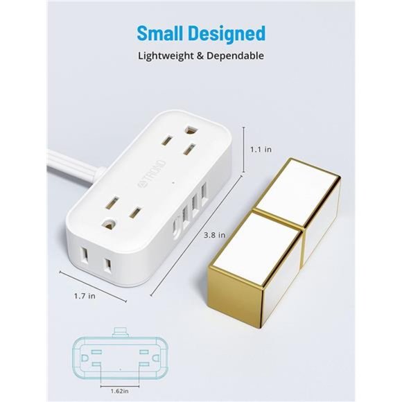 Ultra Flat Plug Power Strip -5ft Flat Extension Cord, 4 Outlets, 4 USB Charger - Picture 2 of 6